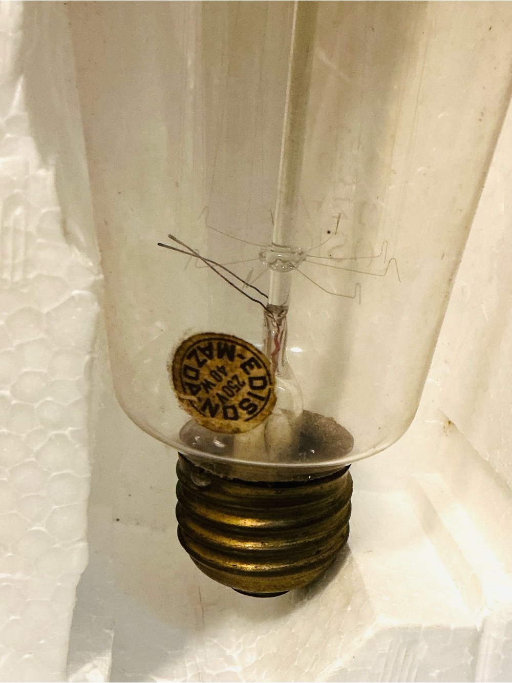 Antique Edison Mazda Filament Light Bulb with Brass Base & Original Label